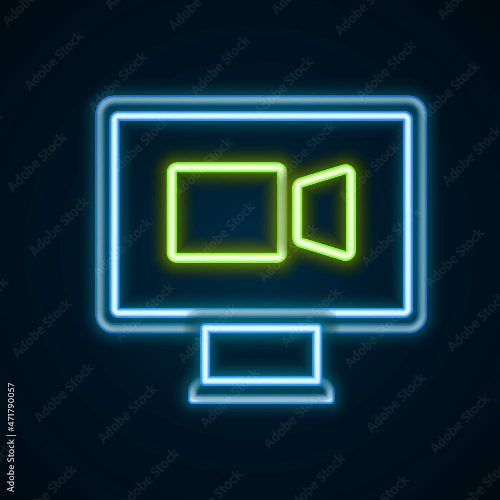 Glowing neon line Video chat conference icon isolated on black background. Online meeting work form home. Remote project management. Colorful outline concept. Vector Glowing neon line Video chat conference icon isolated on black background. Online meeting work form home. Remote project management. Colorful outline concept. Vector