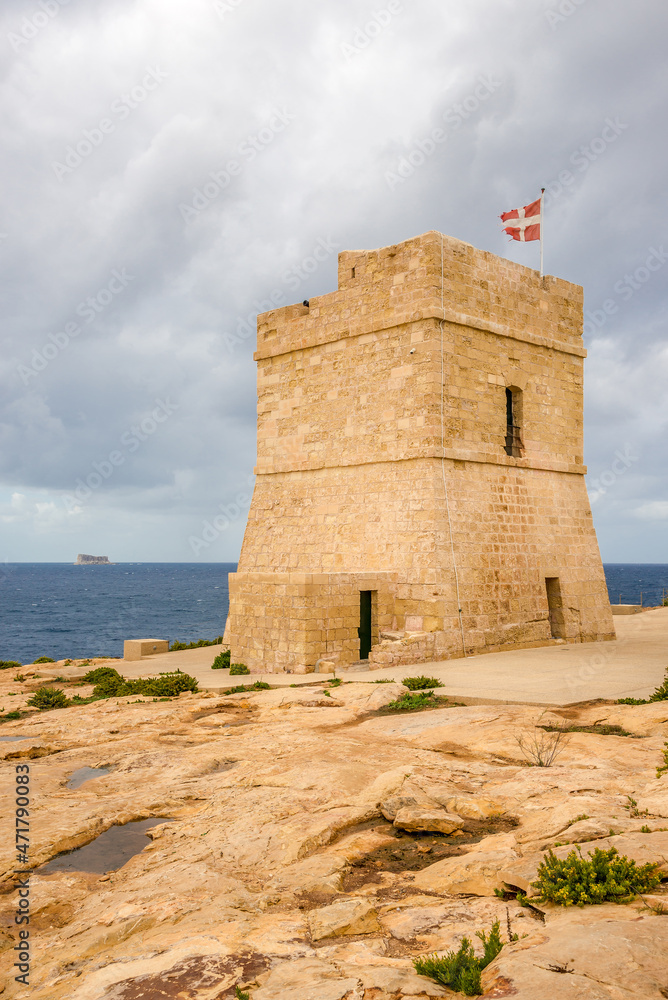 View at the Filfla island in the background and Xutu watchtower in Wied Izzurrieq village, Malta