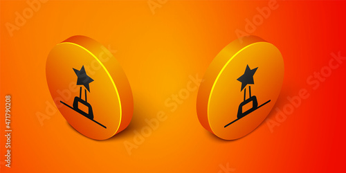 Isometric Movie trophy icon isolated on orange background. Academy award icon. Films and cinema symbol. Orange circle button. Vector
