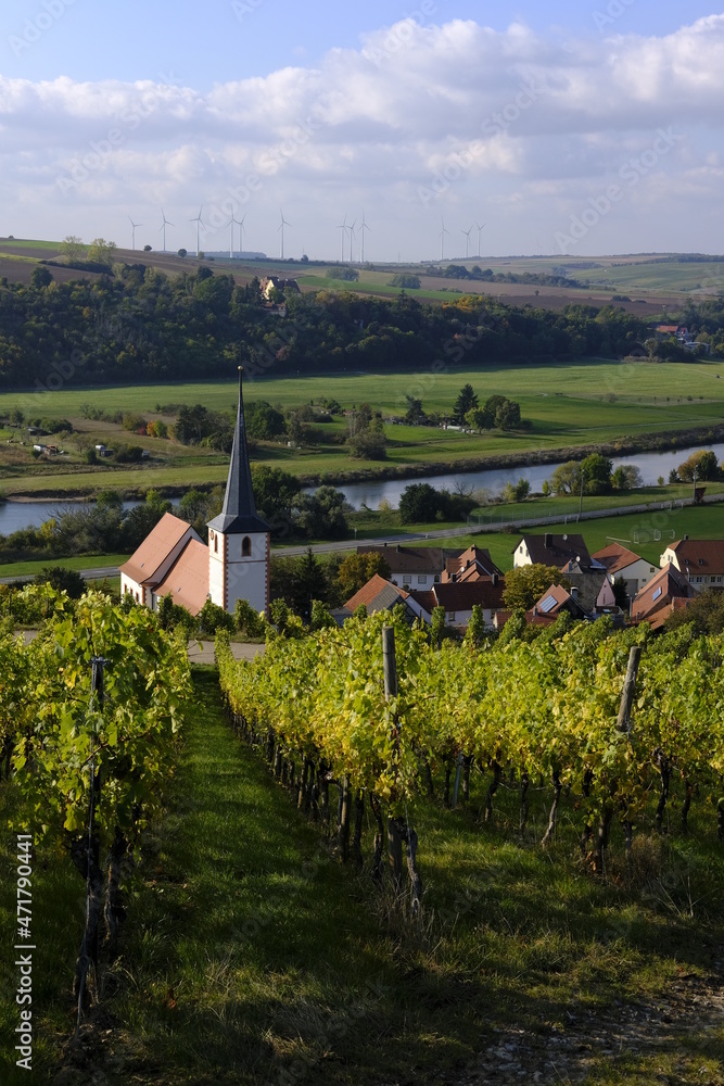 Naklejka premium Landschaft und Weinberge bei Stammheim am Main, Landkreis Schweinfurt, Unterfranken, Franken, Bayern, Deutschland