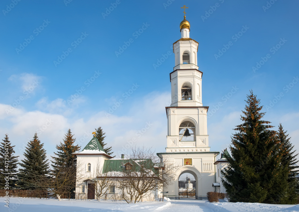 Bell tower and church shop in the village of Borodino, urban district of Mytishchi, Moscow region, Russia