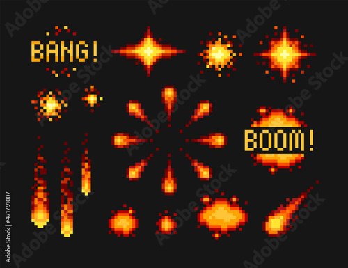 Pixel art Explosion set with "boom" and "bang", comic style burst vector template.  Pixel fireball. 8-bit flashes and sparks for retro video game design. Game icon set