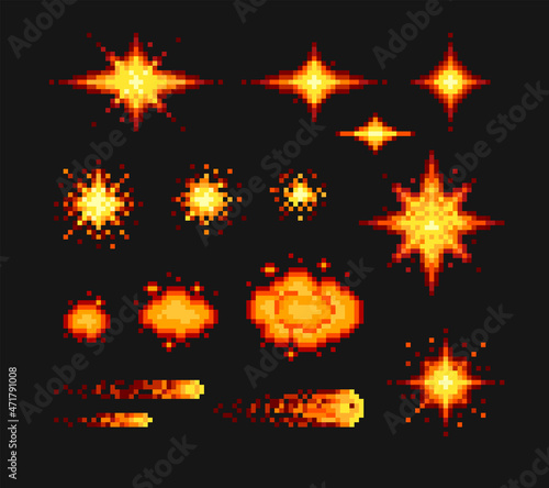 Pixel art cosmic Explosion vector set with flashes and sparks isolated on white. Game comic boom icon set. 8-bit burst animation for retro video game design