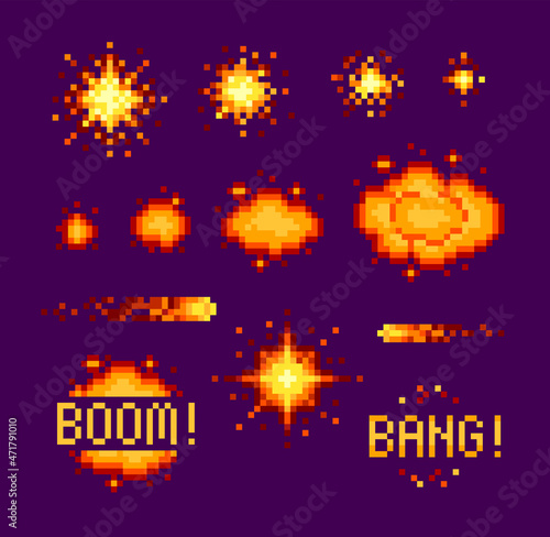 Pixel game Explosion set of cartoon flash light and sparks - vector design.  Pixel comic boom bang flame. Blast detonation set for retro game design