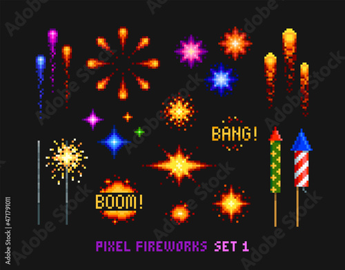 Pixel Art Fireworks set of petard, rockets, cartoon sparkler and explosion flashes  - vector design. Pixelated colorful boom and bang Firecrackers in 8-bit retro game style. Celebration pixel set