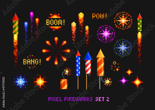Pixel Art Fireworks vector set of petard, rockets, sparkles stars and explosion flashes. Pixelated colorful boom and bang Firecrackers in 8-bit retro game style. Celebration pyrotechnics pixel set