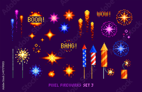 Pixel Art Fireworks set of petard, rockets, cartoon sparkler and explosion flashes, stars . Pixelated colorful boom and bang Firecrackers in 8-bit retro game style. Celebration pyrotechnics pixel set
