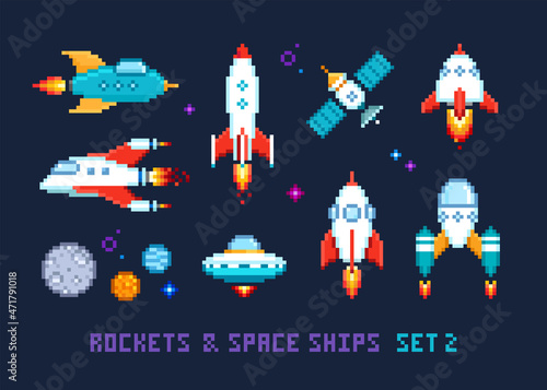 Pixel art Rockets and Spaceships with space objects isolated vector icon set. Cartoon spaceship shuttle design in cosmic space for retro 8 bit video game. Pixel Satellite with planets