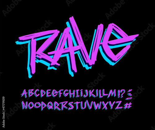 Rave - hand drown style type font and vector doodle style alphabet. Set for print tee and poster design. Hand drawn lettering. Vector grunge type font