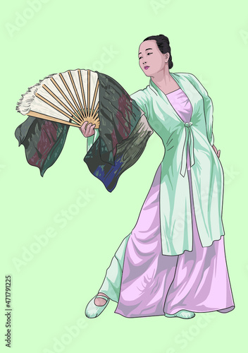 Drawing chinese fan dance, traditional dance of each country, art.illustration, vector 