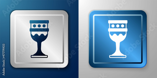 White Medieval goblet icon isolated on blue and grey background. Holy grail. Silver and blue square button. Vector