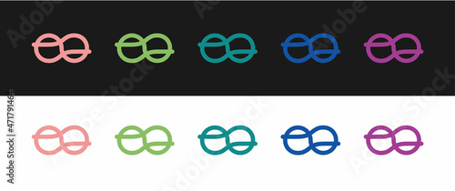 Set Nautical rope knots icon isolated on black and white background. Rope tied in a knot. Vector