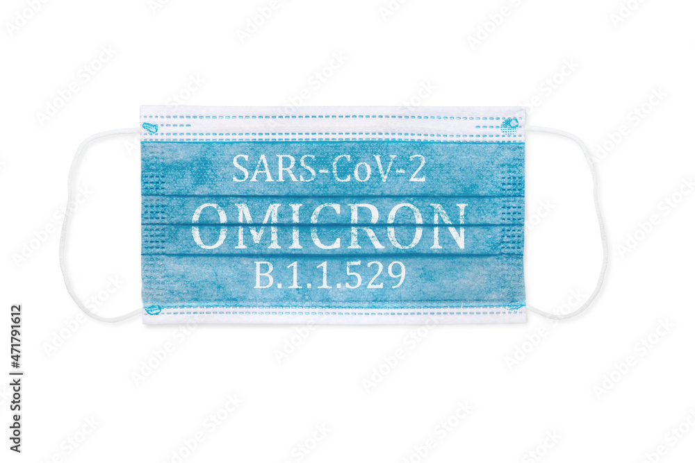 Face mask with inscriptions SARS COV 2 Omicron . Covid 19 alpha, beta, gamma, delta, lambda, mu, omicron variants outbreak around the world. Face mask with inscriptions SARS COV 2 Omicron . Covid 19 alpha, beta, gamma, delta, lambda, mu, omicron variants outbreak around the world.