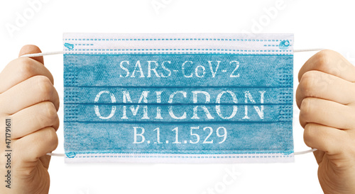 Face masks with inscriptions SARS COV 2 Omicron . Covid 19 alpha, beta, gamma, delta, lambda, mu, omicron variants outbreak around the world. photo