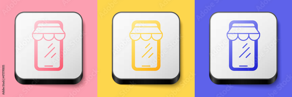 Isometric Online shopping on mobile phone icon isolated on pink, yellow and blue background. Internet shop, mobile store app and payments billing. Square button. Vector Isometric Online shopping on mobile phone icon isolated on pink, yellow and blue background. Internet shop, mobile store app and payments billing. Square button. Vector