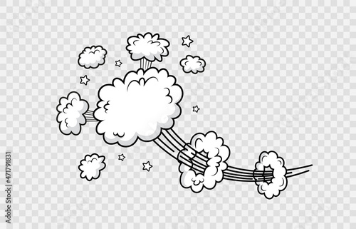 Comic cloud. Funny balloon. Speech bubble in pop art style. Cartoon element. Message shape with speed effect. Explosion bomb frame. Sky air object. Vector illustration.