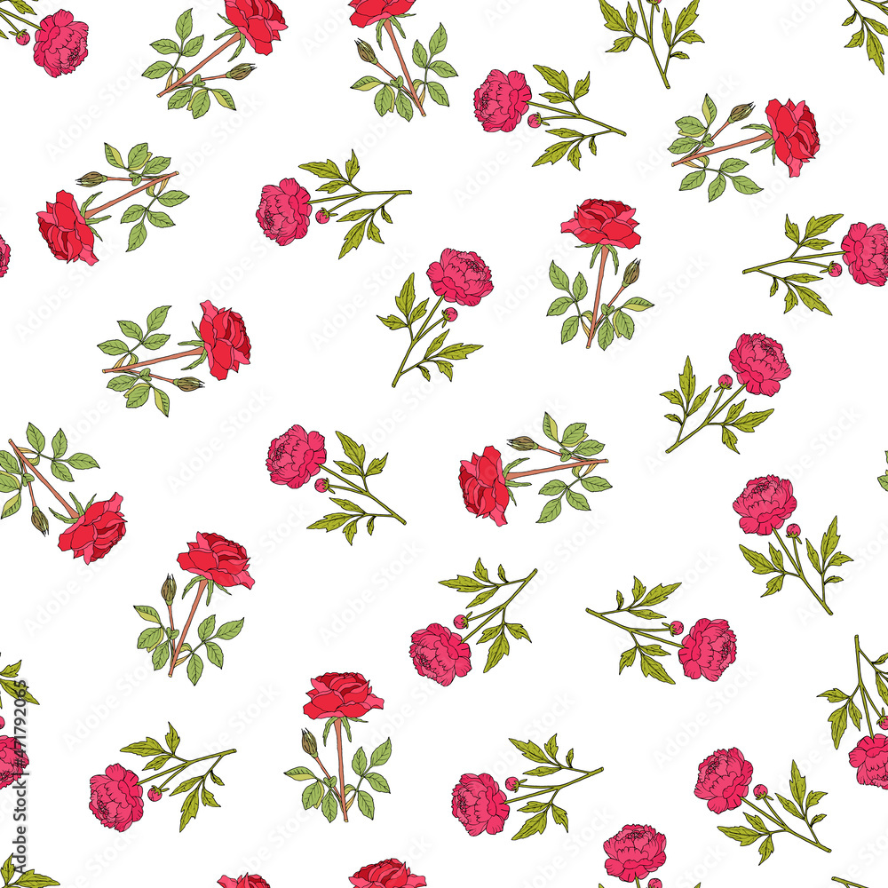 Seamless pattern with red rose and peony Seamless pattern with red rose and peony