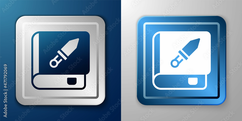 White Book about weapon icon isolated on blue and grey background. Small firearm. Weapon catalog. Silver and blue square button. Vector