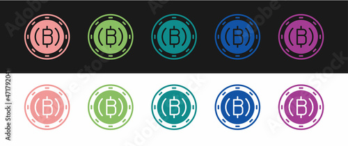 Set Cryptocurrency coin Bitcoin icon isolated on black and white background. Physical bit coin. Blockchain based secure crypto currency. Vector