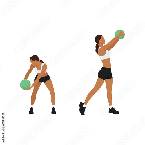 Woman doing Medicine ball wood chops exercise. Flat vector illustration isolated on white background. workout character set