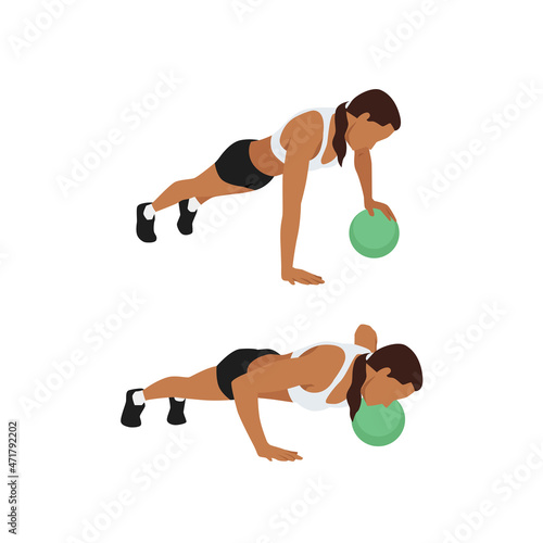 Woman doing Single arm medicine ball push up exercise. Flat vector illustration isolated on white background. workout character set