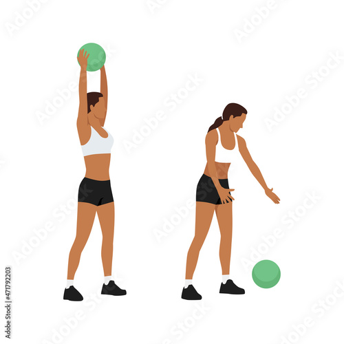 Woman doing Medicine ball swings exercise. Flat vector illustration isolated on white background. workout character set