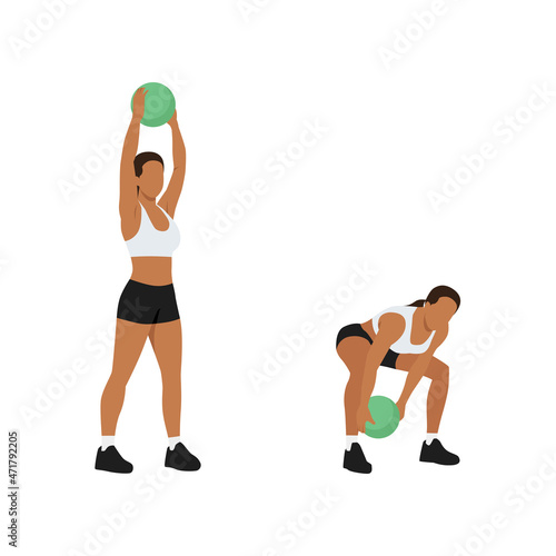 Woman doing Medicine ball slams exercise. Flat vector illustration isolated on white background. workout character set