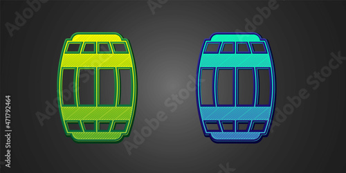 Green and blue Wooden barrel icon isolated on black background. Alcohol barrel, drink container, wooden keg for beer, whiskey, wine. Vector