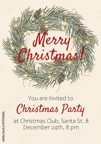 A new Christmas invitation card for a party, a solid background for text editing, with an image of fir branches with cones and a bright garland.For printing or online mailing.