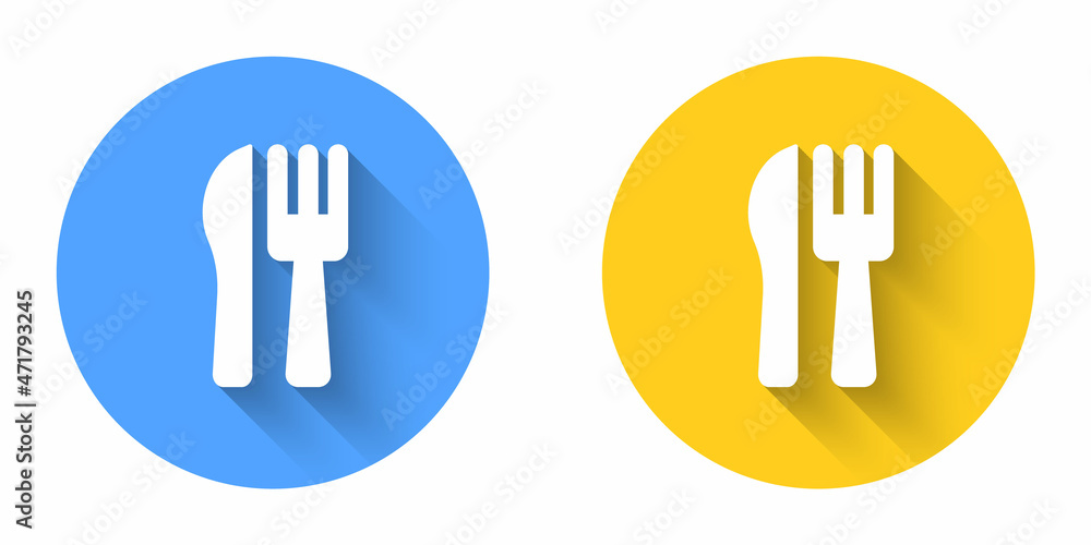 White Crossed knife and fork icon isolated with long shadow background. Cutlery symbol. Circle button. Vector White Crossed knife and fork icon isolated with long shadow background. Cutlery symbol. Circle button. Vector