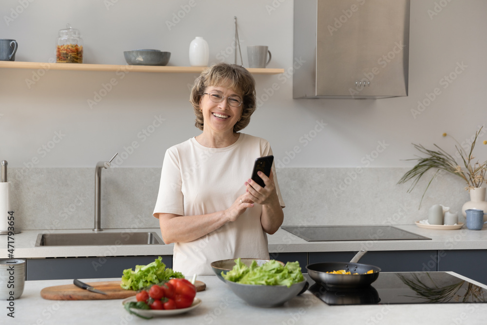 Happy mature homeowner woman using mobile phone in kitchen, cooking dinner, consulting recipe online, standing by table with meals, bowls, salad, pan, dish, utensil, ingredients. Head shot portrait