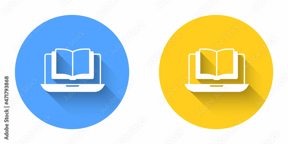 White Online class icon isolated with long shadow background. Online education concept. Circle button. Vector White Online class icon isolated with long shadow background. Online education concept. Circle button. Vector