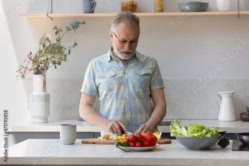 Senior grey haired vegetarian man cooking lunch in kitchen, cutting fresh vegetables at table, preparing organic meal, keeping healthy diet, caring of clean nutrition. Culinary, eating at home concept
