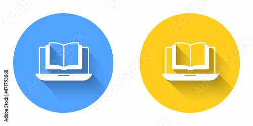 White Online class icon isolated with long shadow background. Online education concept. Circle button. Vector