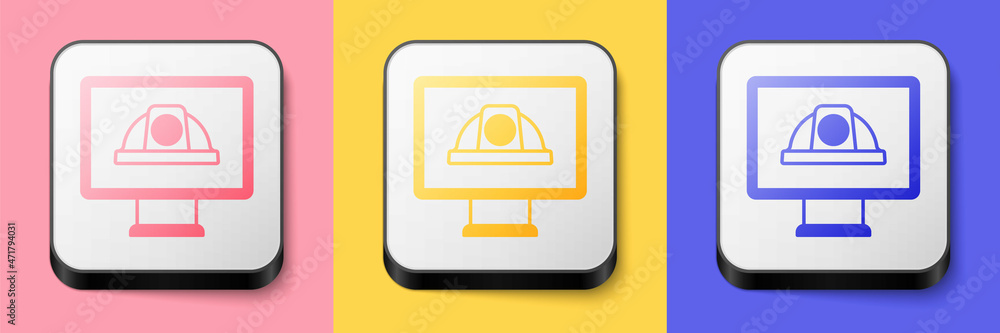 Isometric Worker safety helmet icon isolated on pink, yellow and blue background. Square button. Vector Isometric Worker safety helmet icon isolated on pink, yellow and blue background. Square button. Vector