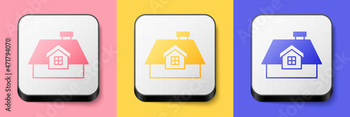 Isometric House icon isolated on pink, yellow and blue background. Home symbol. Square button. Vector