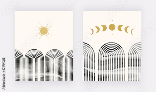 Mid century geometric arch, moon phases and sun wall art print
