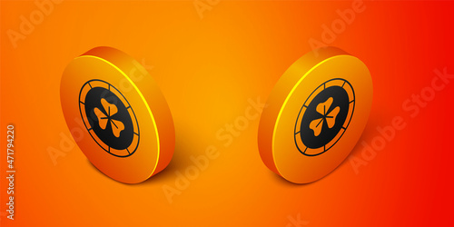 Isometric Golden leprechaun coin with clover trefoil leaf icon isolated on orange background. Happy Saint Patricks day. National Irish holiday. Orange circle button. Vector