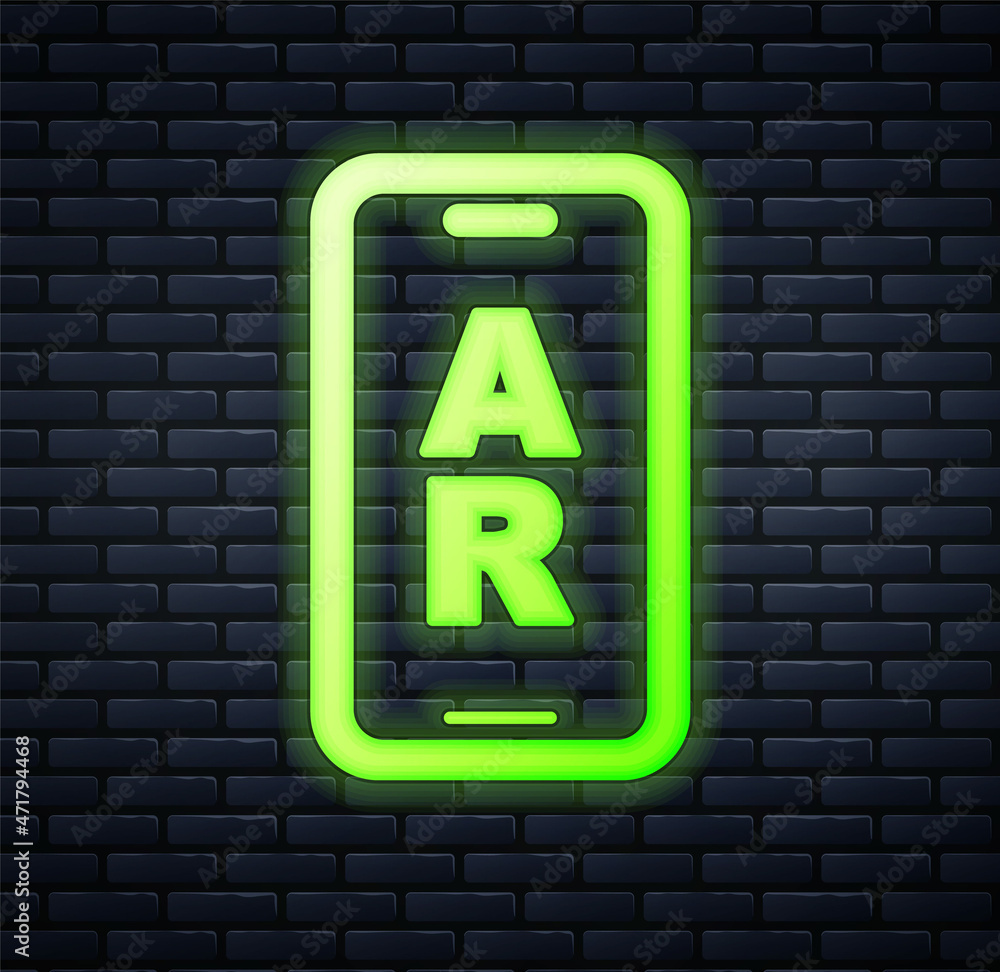 Glowing neon Augmented reality AR icon isolated on brick wall background. Virtual futuristic wearable devices. Vector Glowing neon Augmented reality AR icon isolated on brick wall background. Virtual futuristic wearable devices. Vector