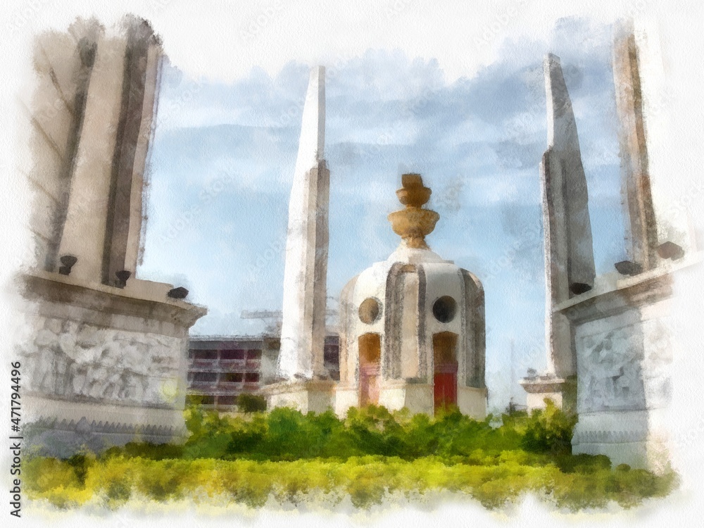 Democracy Monument in Bangkok, Thailandwatercolor style illustration impressionist painting.