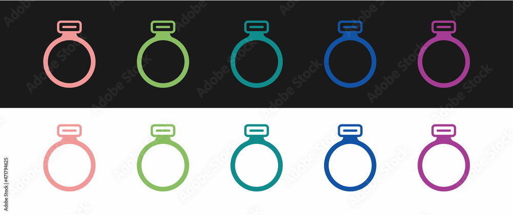 Set Fantasy magic stone ring with gem icon isolated on black and white background. Vector Set Fantasy magic stone ring with gem icon isolated on black and white background. Vector