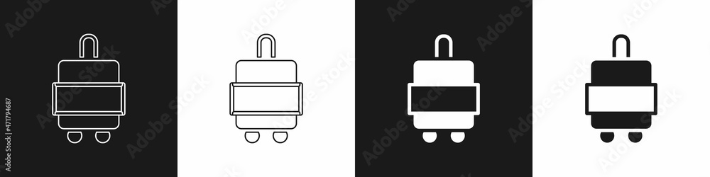 Set Suitcase for travel icon isolated on black and white background. Traveling baggage sign. Travel luggage icon. Vector Set Suitcase for travel icon isolated on black and white background. Traveling baggage sign. Travel luggage icon. Vector
