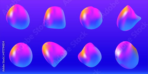 Abstract 3d render of colorful bubbles, background design. Anti gravity droplets floating in space. Cyberpunk vector illustration