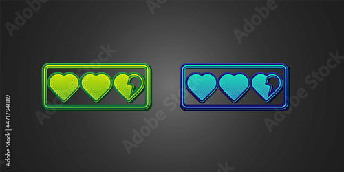 Green and blue Game life bar icon isolated on black background. Health heart bar. Vector