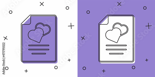Set Marriage contract icon isolated on white and purple background. Wedding certificate. Vector