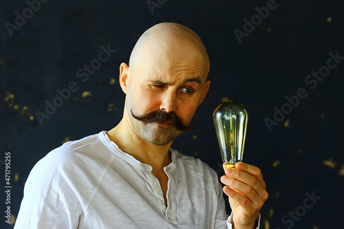 light bulb male idea mustache vintage concept light lamp guy