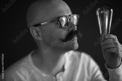 light bulb male idea mustache vintage concept light lamp guy