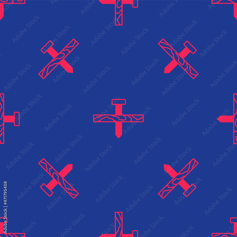 Red Metallic nail and wood plank icon isolated seamless pattern on blue background. Vector