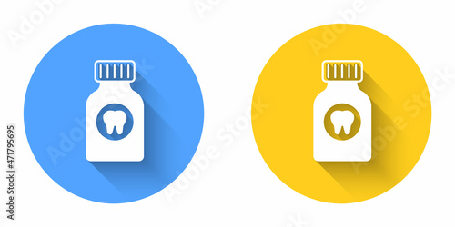 White Toothache painkiller tablet icon isolated with long shadow background. Tooth care medicine. Capsule pill and drug. Pharmacy design. Circle button. Vector