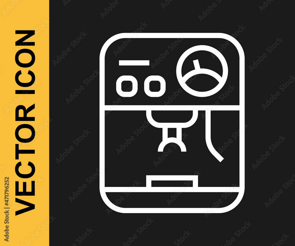 White line Coffee machine icon isolated on black background. Vector